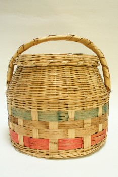 Basket, Decorative, ROUND W/LID & HANDLE,COLOURED BANDS, STRAW, NATURAL