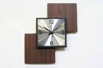Clock, Wall, 3 SQUARES, NO SECOND HAND, SILVER FACE, FAUX WOODGRAIN, RETRO LOOK, WOOD, BROWN