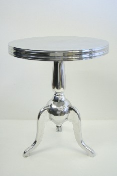 Table, Side, POLISHED, REFLECTIVE, ROUND GROOVED TOP, 3 CURVED LEGS, CHROME, SILVER