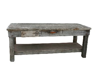 Table, Rustic, WORK BENCH, FAUX DRAWER W/RUSTED HANDLE, LOWER LEVEL, RUSTIC, AGED/DISTRESSED, WOOD, NATURAL