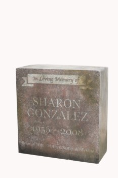 Tombstone, Tablet, "SHARON GONZALEZ","1956-2008", FAUX MARBLE LOOK , WOOD, BROWN