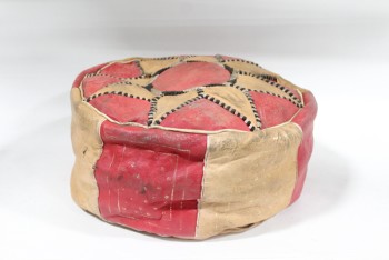 Ottoman, Pouf, HASSOCK, POUFFE, FOOT REST, RED & BROWN TOP, AGED - Condition Not Identical To Photo, LEATHER, RED