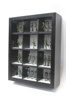 Wall Dec, Shadow Box, COLLECTION OF VINTAGE METAL TOY SOLDIERS, IN BLACK WOOD DISPLAY FRAME W/COMPARTMENTS, WOOD, BLACK