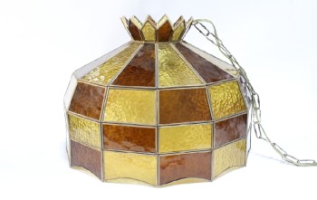 Lighting, Hanging, VINTAGE, RETRO, SLAG / STAINED LEADED GLASS CHECKERBOARD MOSIAC, BROWN / AMBER TONES, RESTAURANT STYLE, GLASS, BROWN
