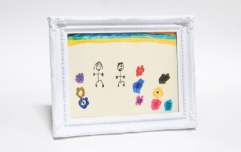 Art, Drawing, CLEARABLE, COLOURFUL DRAWING OF PEOPLE & FLOWERS, FANCY WHITE FRAME, PLASTIC, WHITE