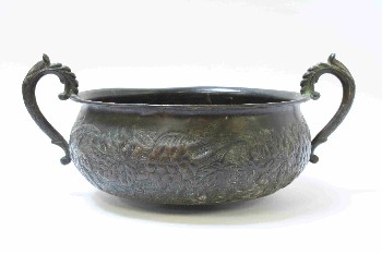 Decorative, Container, ROUND W/RAISED GRAPES & LEAF DESIGN,SIDE HANDLES, METAL, COPPER