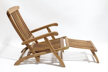 Chair, Misc, OUTDOOR / LAWN / PATIO LOUNGER W/ARMS, SLATS, FOLD OUT FOOT REST, BRASS HINGES, FOLDING, WOOD, BROWN