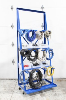 VERTICAL BAR RACK DRESSED W/WIRE BUNDLES & PARTS, 3 SHELF LEVELS W/METAL POSTS, ROLLING - Dressing May Not Be Identical To Photo, Large Miscellaneous & Floor