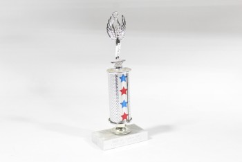 Trophy, Victory, VINTAGE, WINGED VICTORY FIGURE, BLUE & RED STARS ON COLUMN, MARBLE BASE, 1989, PLASTIC, SILVER