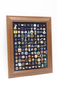 Wall Dec, Collection, CLEARABLE, PIN COLLECTION, COMPANY, TRAVEL & SOUVENIR PINS, CANADA/US ETC., BROWN WOOD FRAME, WOOD, BROWN