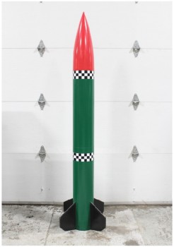 Industrial, Miscellaneous, FREESTANDING LIGHTWEIGHT MODEL ROCKET, RED TOP, GREEN BODY W/BLACK & WHITE CHECKERBOARD STRIPES, BLACK FINS - Base Available, RED