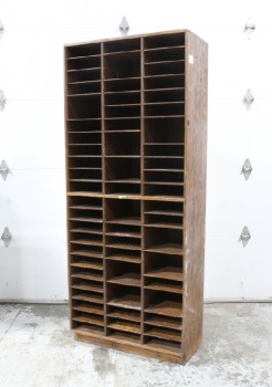 Shelf, Wood, DARK BROWN, VINTAGE OFFICE / POSTAL / NEWS ROOM OR SIMILAR, DIVIDED LETTER SLOTS (SOME MISSING), CUBBYS, AGED, USED, WOOD, BROWN