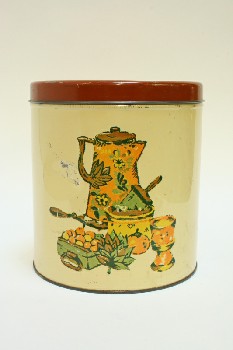 Housewares, Canister, CYLINDRICAL W/BROWN LID,PIC OF COFFEE POT/FRUITS/ETC, METAL, MULTI-COLORED