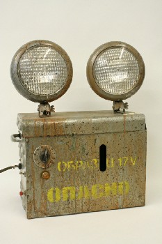 Lighting, Emergency Lights, VINTAGE W/TIMER DIAL,SIDE HANDLES,STENCILED YELLOW TEXT,AGED, METAL, GREY