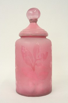 Vanity, Bottle, FROSTED FLORAL CONTAINER W/LID, BALL TOP, GLASS, PINK