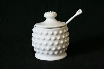 Housewares, Dish, SMALL SUGAR BOWL W/LID & SPOON, HOBNAIL / DOTTED TEXTURE, CERAMIC, WHITE