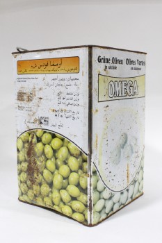 Decorative, Container, RECTANGULAR FOOD TIN W/LID, VINTAGE, GREEK, "GREEN OLIVES", METAL, SILVER