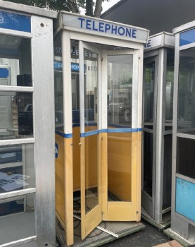 Phone, Booth, FULL SIZE 7FT OUTDOOR PUBLIC / STREET FREESTANDING TELEPHONE BOOTH, FOLDING DOOR, YELLOW SKIRT, CIRCA 1960 - Phones Rent Separately, METAL, WHITE