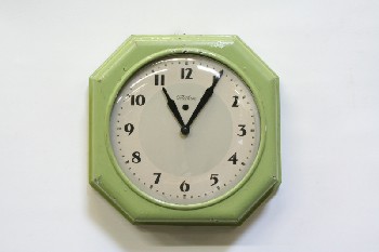 Clock, Wall, OCTAGON, ANTIQUE, OLD STYLE, GLASS COVER, NO SECOND HAND, METAL, GREEN