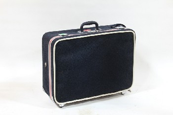 Luggage, Suitcase, VINTAGE TWEED,1970s,RED WHITE & BLUE, ROLLING (LOCKED - NO KEY), TWEED, BLUE