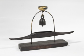 Bell, Misc, SMALL BRASS BELL & DISH, RECTANGULAR WOOD BLOCK BASE & LONG CARVED PIECE W/COMPARTMENT, WOOD, BROWN