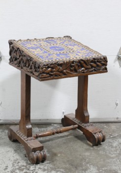 Podium, Slanted Top, ANTIQUE, OLD, SPEAKING LECTERN OR LOW ALTAR TABLE, ANGLED TOP W/BLUE PATTERNED TILE W/LEAVES & BIRD MOTIF, CARVED, CLAW FEET, WOOD, BROWN