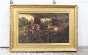Art, Painting, CLEARED, DEPICTING FORGE W/BLACKSMITHS, CHILD & HORSE, SMOKE, ANVIL, 4" ORNATE FRAME, HEAVY, ANTIQUE, WILLIAM BISCOMBE GARDNER, GOLD