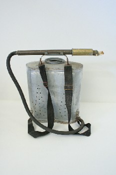 Fire, Extinguisher, OLD STYLE FIREFIGHTING WATER BACKPACK W/HOSE, METAL, SILVER