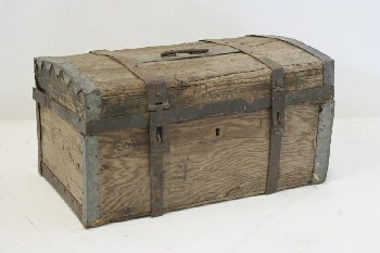 Trunk, Chest, TOP HANDLE, HINGED LID, METAL SIDES, ANTIQUE, WOOD, BROWN