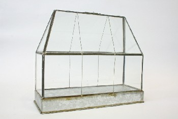Cabinet, Display, TABLETOP MINIATURE GREENHOUSE, GALVANIZED METAL BASE, 1 ROOF PANEL OPENS ON HINGE, GLASS, CLEAR