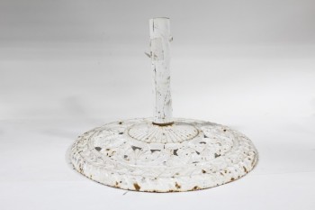 Umbrella, Stand, BASE FOR PATIO/OUTDOOR UMBRELLA,ROUND ORNATE, AGED W/RUST SPOTS , METAL, WHITE