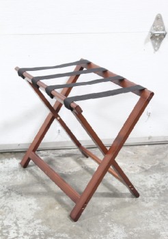 Stand, Luggage, HOTEL LUGGAGE / SUITCASE RACK, BROWN WOOD FRAME, FOLDING W/BLACK STRAPS, WOOD, BROWN