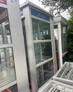 Phone, Booth, FULL SIZE 7FT OUTDOOR PUBLIC / STREET FREESTANDING TELEPHONE BOOTH, CIRCA 1975, METAL, GREY