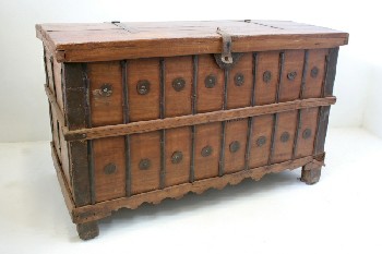 Trunk, Chest, NO HANDLES, LID HINGED IN MIDDLE, METAL BANDS & DISCS / MEDALLIONS, FOOTED, OLD STYLE, WOOD, BROWN