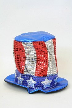 Headwear, Miscellaneous, SEQUINED AMERICAN UNCLE SAM HAT, U.S.A. STARS & STRIPES, POLYESTER, BLUE