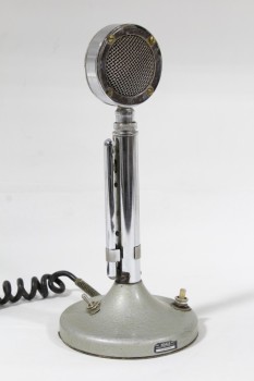 Audio, Microphone, DISPATCH,DESKTOP,ROUND END W/MESH GRILL ON POLE, GREY BASE W/ON/OFF SWITCH, CORD, METAL, SILVER
