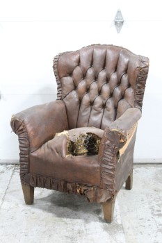 Chair, Armchair, ANTIQUE, ROLL ARM, CHESTERFIELD STYLE BUTTON TUFTED BACK, AGED, DISTRESSED W/EXPOSED SPRINGS, LEATHER, BROWN