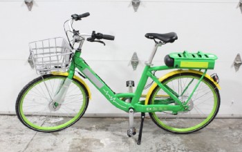 Bicycle, Adult, E-BIKE W/KICKSTAND & FRONT BASKET, PEDAL OR ELECTRIC POWER, CITY BIKE SHARING, BATTERY REMOVED, GREEN
