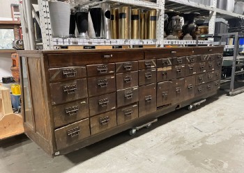 Counter, Misc, ANTIQUE, OVER 12FT, FROM A GENERAL STORE / PHARMACY / MERCANTILE / MARKET, ANGLED GLASS FRONT, BACK HAS ROWS OF DRAWERS, 3 INSET COUNTERTOP PANELS ARE MISSING GLASS / TOP UNFINISHED, REAL, OLD, AGED, USED, WOOD, BROWN