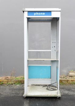 Phone, Booth, FULL SIZE 7FT OUTDOOR PUBLIC / STREET FREESTANDING TELEPHONE BOOTH, BLUE SKIRT, NO DOOR, CIRCA 1980 - Phones Rent Separately, METAL, GREY