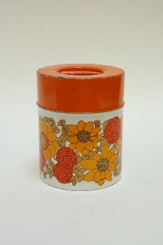 Housewares, Canister, CYLINDRICAL W/ORANGE LID,YELLOW/ORANGE & BROWN FLOWERS, METAL, MULTI-COLORED