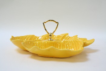 Decorative, Dish, 2 CURVED LEAVES W/GOLD HANDLE, CERAMIC, YELLOW