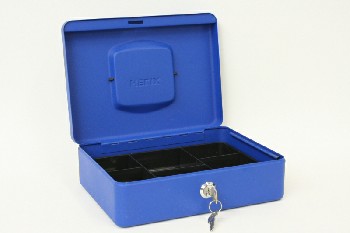 Box, Cash Box, RECTANGULAR W/BLACK HANDLE & TRAY & 2 KEYS, METAL, BLUE
