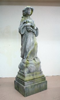 Tombstone, Statue, STANDING ANGEL HOLDING FLOWERS ON WOOD BASE, STYROFOAM, GREY