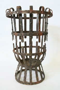 Brazier, Miscellaneous, MEDIEVAL LOOK,OPEN TOP,STUDDED METAL BANDS, AGED , IRON, RUST