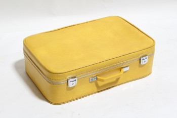 Luggage, Suitcase, VINTAGE, PLASTIC HANDLE, SILVER METAL BUCKLES, VINYL, YELLOW