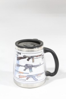 Drinkware, Mug, COFFEE MUG, WIDER BOTTOM W/IMAGES OF GUNS, PLASTIC, MULTI-COLORED