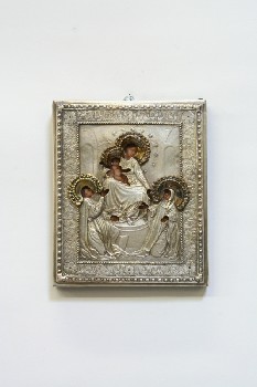 Religious, Plaque, CLEARABLE, ORNATE BAS RELIEF SCENE OF MARY & BABY JESUS, METAL, SILVER