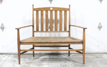 Bench, Slat Back, ANTIQUE, TRADITIONAL, SOLID WOOD W/SLATTED BACK & RUSH SEAT, SMALL HEART CUTOUT, WOOD, BROWN