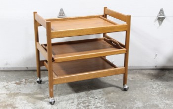 Cart, Trolley, BAR CART, WOOD FRAME, TEAK OR SIMILAR, MIDDLE SHELF / TRAY SLIDES OUT, END HANDLES, ROLLING, WOOD, BROWN